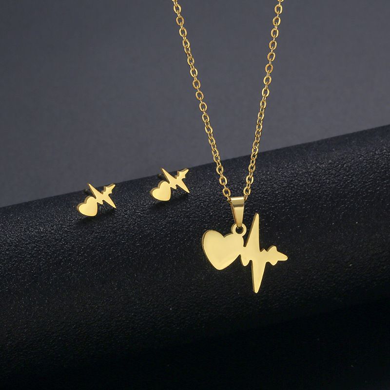 Ecg Wave Necklace Stainless Steel Personality Heart-shaped Pendant Earring Set