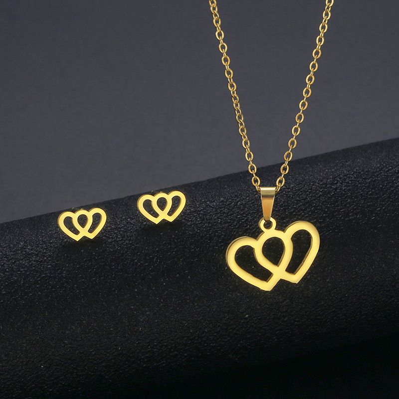Double Love Necklace And Earrings Set 18k Gold Stainless Steel Two-piece Jewelry