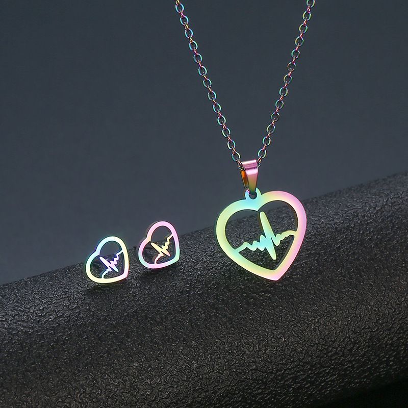 Ensemble De Boucles D&#39;oreilles En Chaîne De Clavicule En Forme De Coeur En Acier Inoxydable Avec Pendentif Ecg