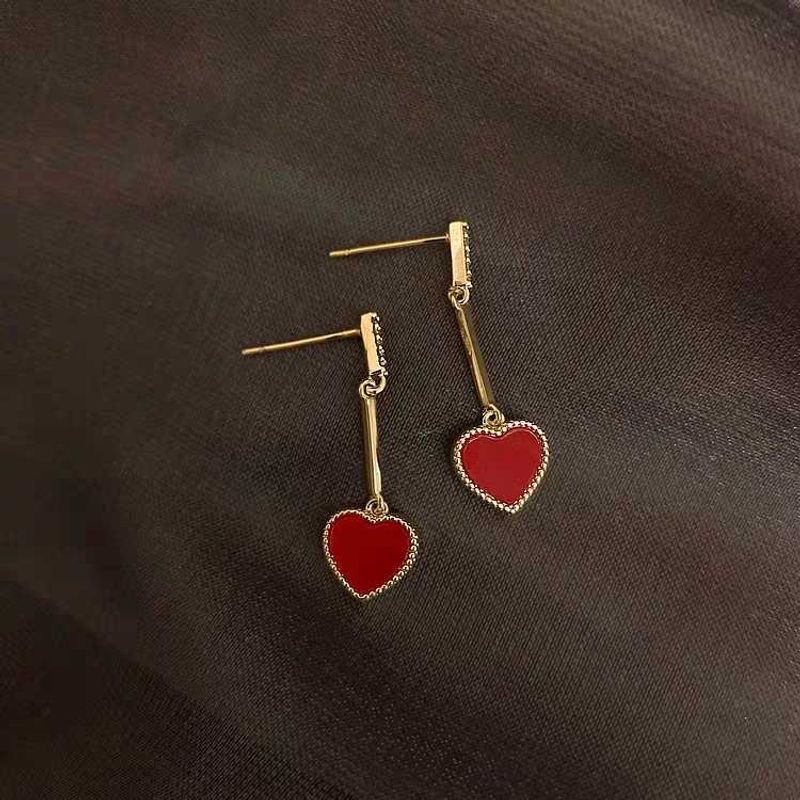 Red Love Earrings 925 Silver Needle Temperament Simple Small Peach Heart Earrings Christmas Earrings
