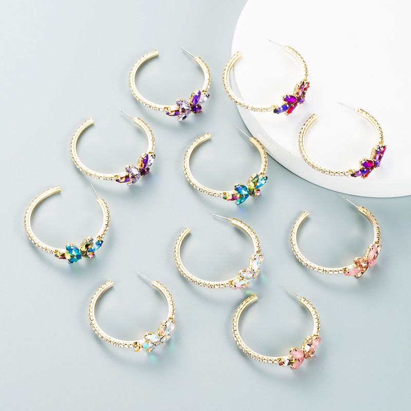 Cross-border Simple Alloy Inlaid Color Rhinestone Flower Earrings Trend High-end Sense C-shaped Earring