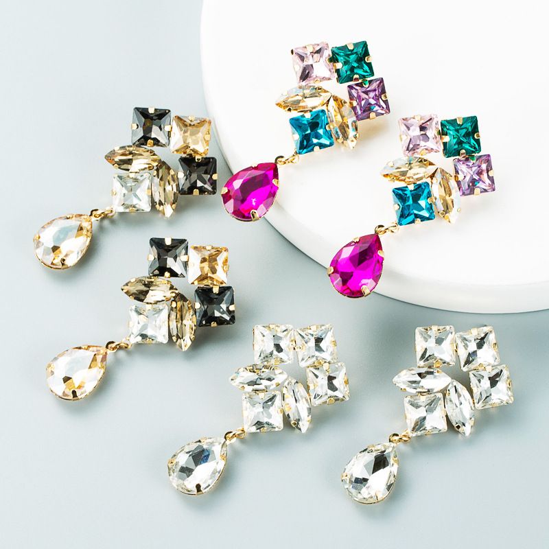 Fashion Personality Multi-layer Alloy Diamond Drop-shaped Colored Glass Diamond Earrings Super Flash Earrings Jewelry