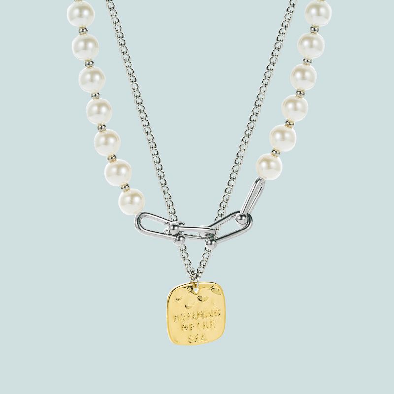 Cross-border Niche Design Sense Letter Square Brand Pendant Pearl Necklace Simple Temperament Matching Jewelry