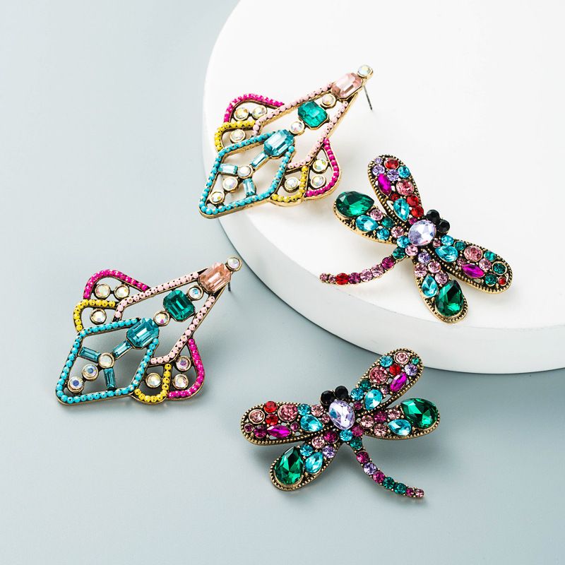 Baroque Retro Creative Geometric Alloy Inlaid Rhinestone Dragonfly Kite Earrings Jewelry