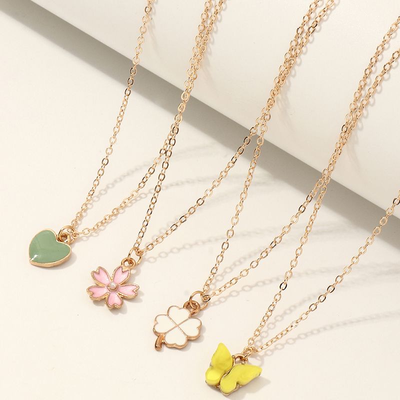 Flower Heart Four-leaf Clover Butterfly Pendant Necklace Set