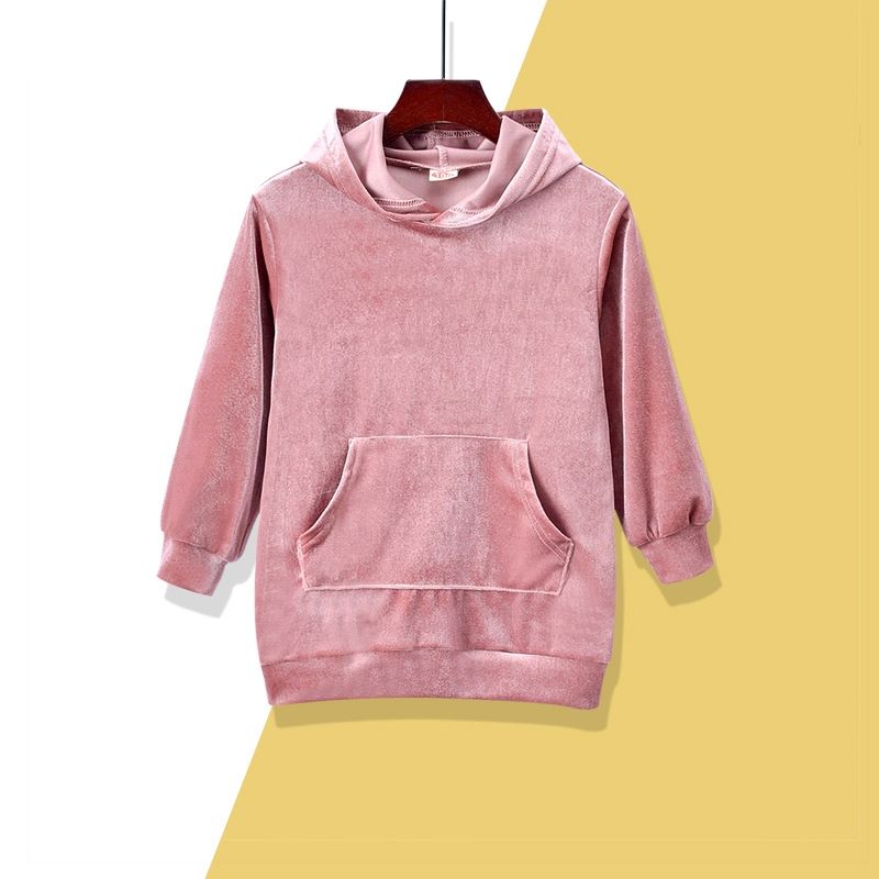 Girls' Autumn And Winter Korean Velvet Mid-length Hooded Sweater 2021 New Solid Color Long Sleeve Children's Pocket Sweatshirt Children's Clothing