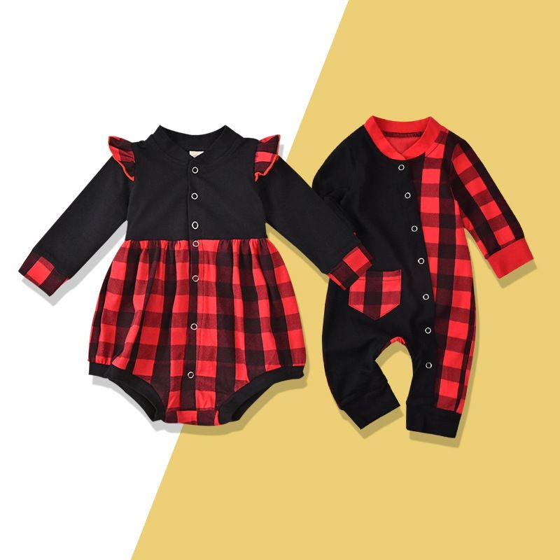 Men's And Women's Clothing Classic Red And Black Plaid Jumpsuit Baby Romper European And American Festival New Children's Jumpsuit