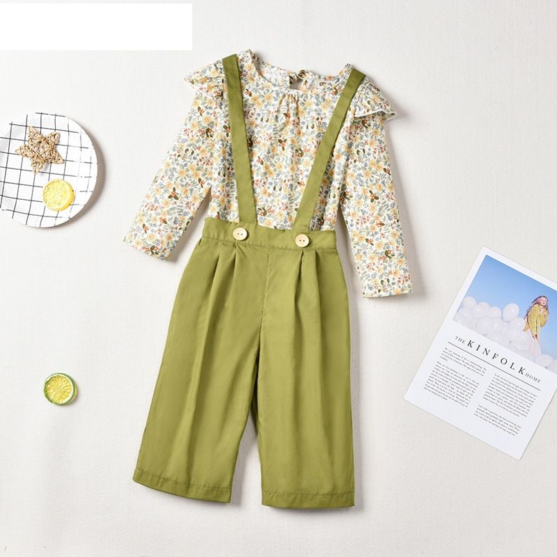 Pastoral Style Floral Long-sleeved Blouse Girls Green Suspenders Trousers
