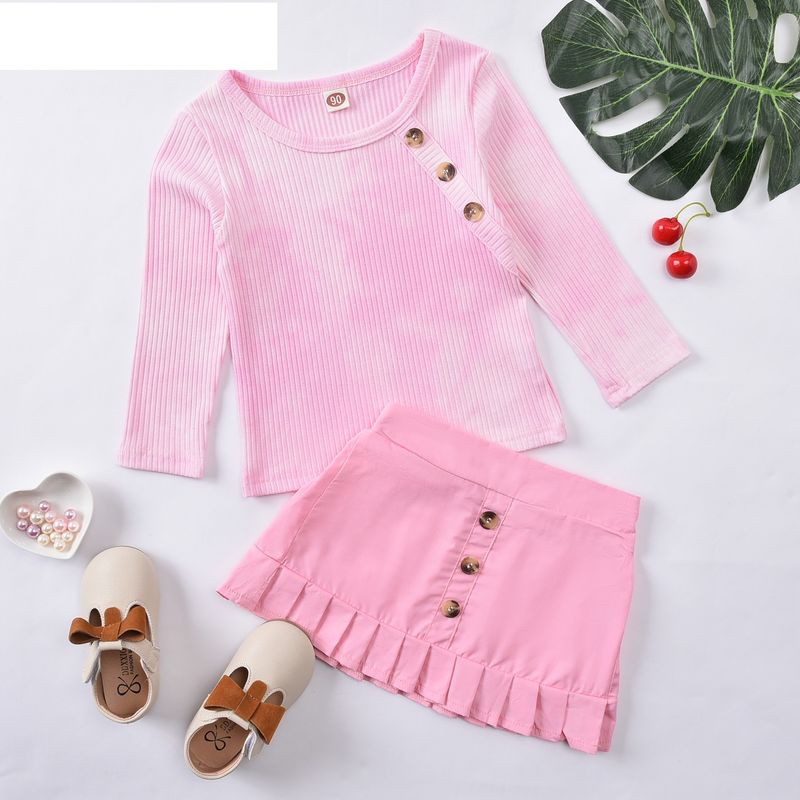 Girls Tie-dye Pit Strip Round Neck Long-sleeved Tops Pink Short Skirts Autumn Children's Clothing