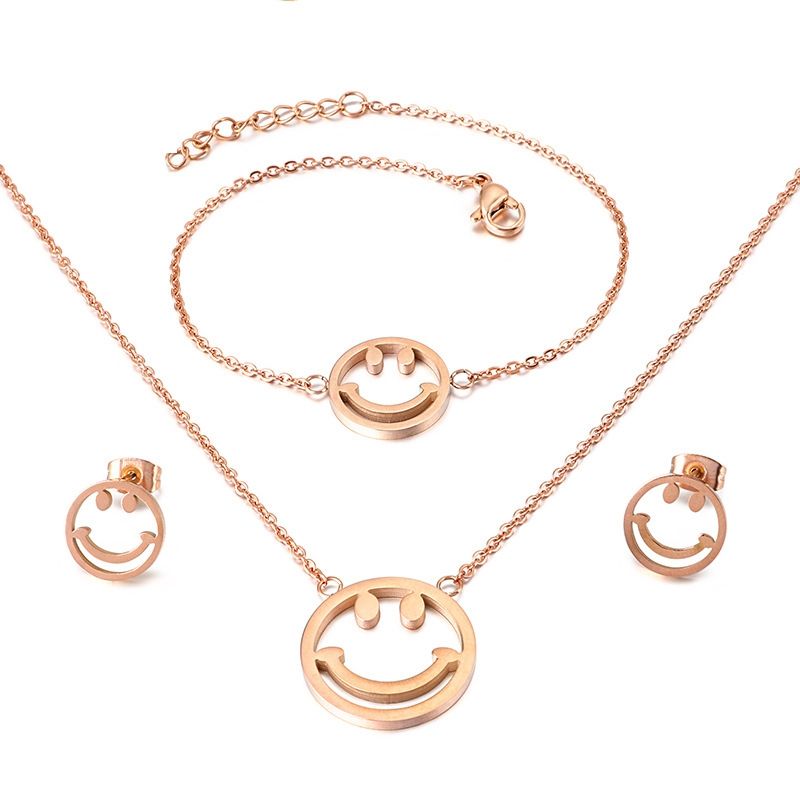 Korean Titanium Steel Smile Expression Jewelry Bracelet Earrings Necklace Three-piece