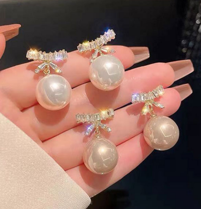 Pendientes De Perlas Con Lazo De Diamantes De Moda Coreana
