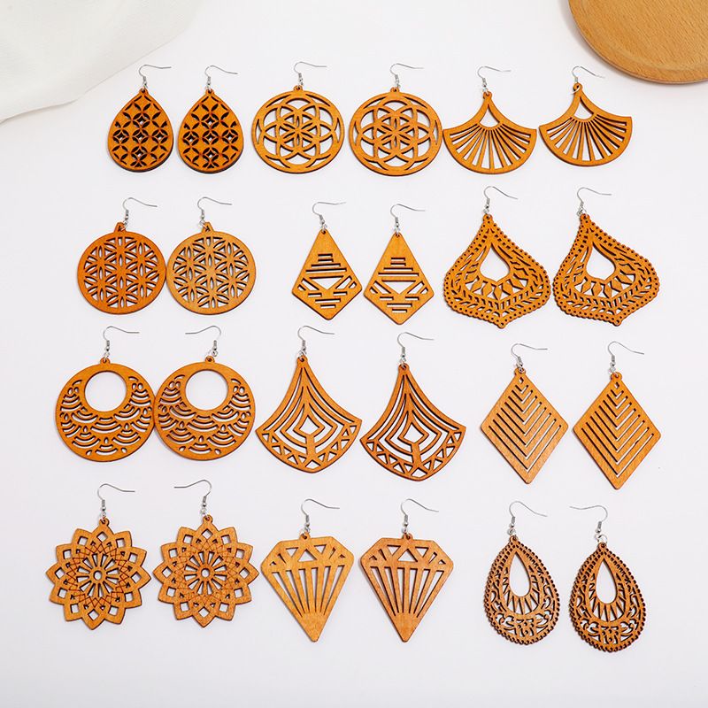 New Wooden Earrings Fashion Exaggerated Personality Hollow Geometric Coffee Color Wood Earrings Wholesale