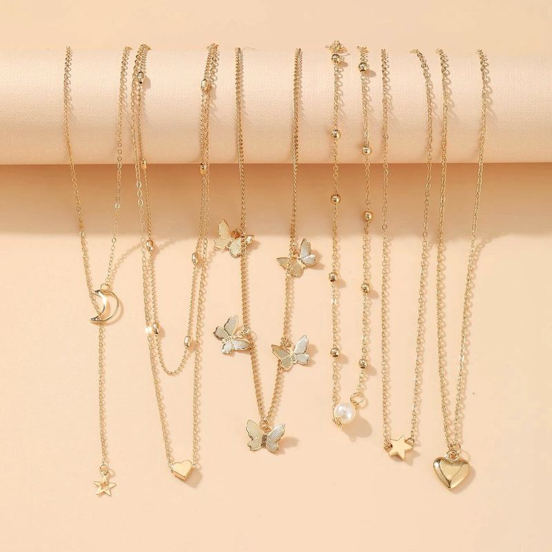 Cross-border Alloy Necklace Set Retro Creative Personality Multilayer Butterfly Pendant 6 Moon Peach Heart Necklaces