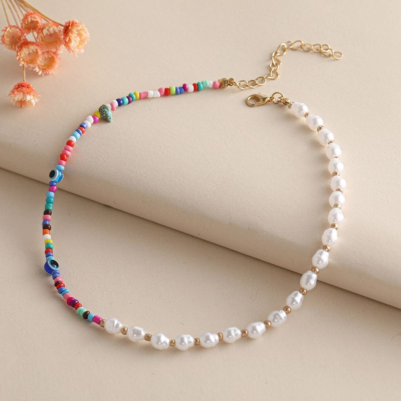 Trendy Bohemian Short Hand-beaded Colorful Rice Bead Necklace Pearl Rice Bead Mix And Match Clavicle Chain