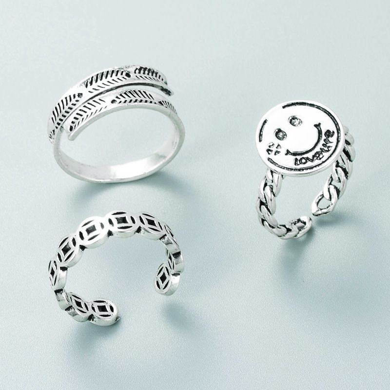 Retro Kreatives Glücksgeld Kupfermünze Feder Smiley Ring Mode Offener Ring