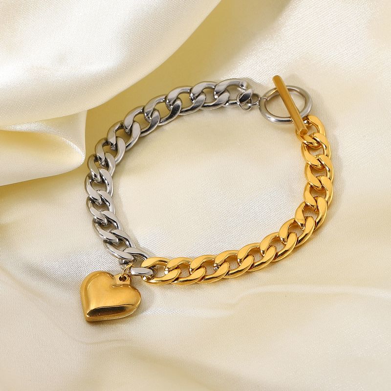 18k Mode Edelstahlkette Kubanische Flache Kettennähte Herzförmiges Armband Großhandel Nihaojewelry