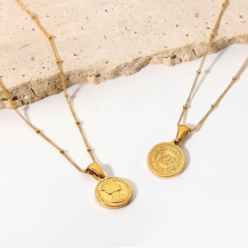 خمر الفولاذ المقاوم للصدأ مجوهرات 18k الذهب الخرزة سلسلة القطعي الملكة اليزابيث القرص عملة قلادة قلادة