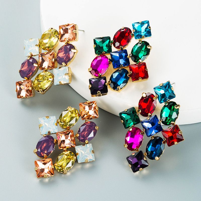 Fashion Color Rhinestone Series Rhombus Earrings Wholesale Nihaojewelry