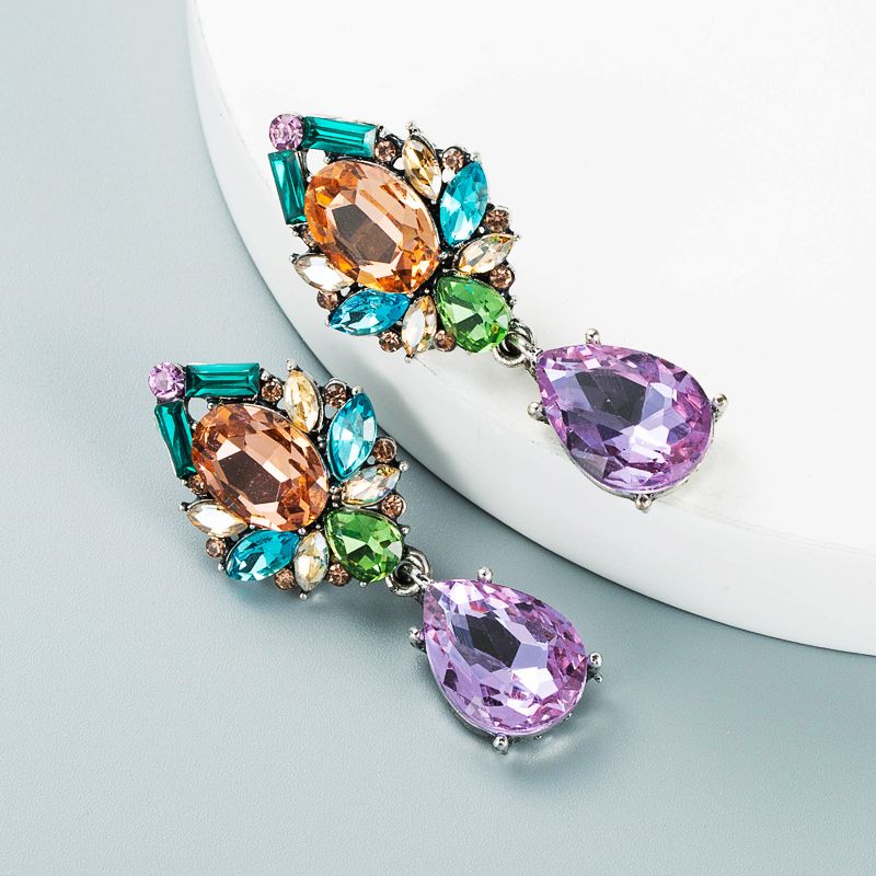 Mode Farbe Legierung Eingelegte Tropfen Förmige Glas Diamant Ohrringe Großhandel Nihao Schmuck