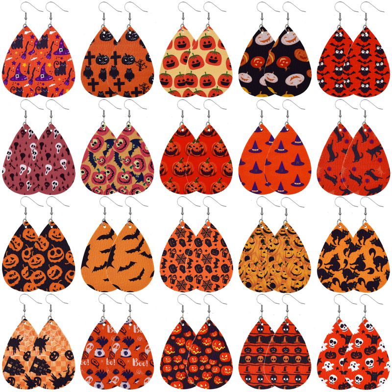 Cross-border Adult Earrings Wholesale European And American Halloween Leather Earrings Ghost Festival Pumpkin Skull Water Drop Pu Earrings