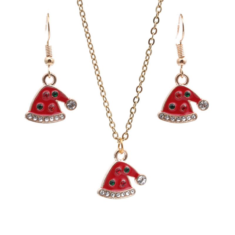 Christmas Hat Pendant Alloy Dripping Oil Necklace Earring Set Wholesale Jewelry Nihaojewelry