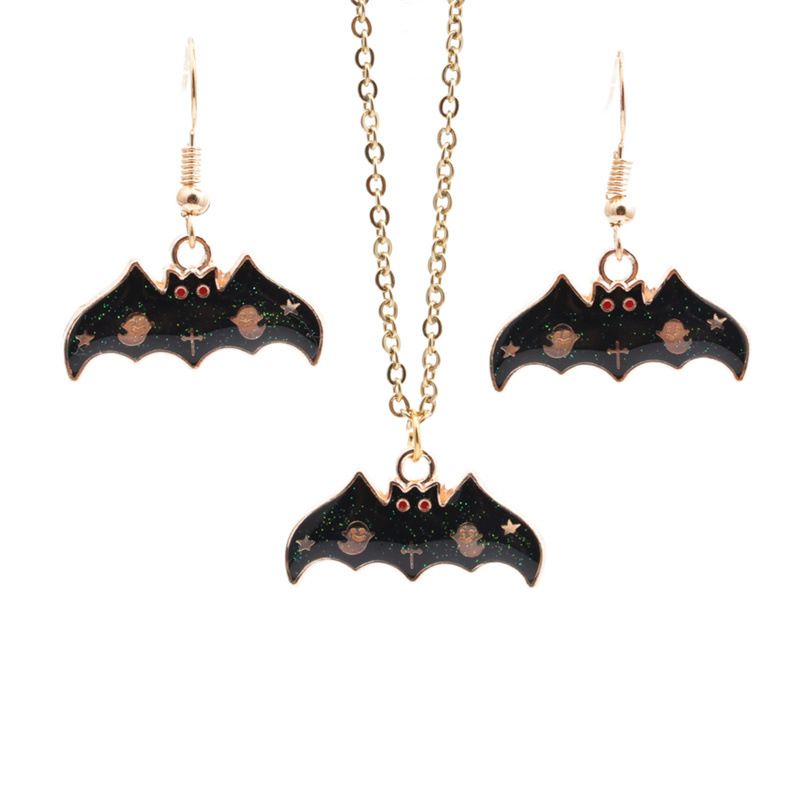 European And American Halloween New Earrings And Necklace Set Cross-border Alloy Bat Earrings Necklace Ladies