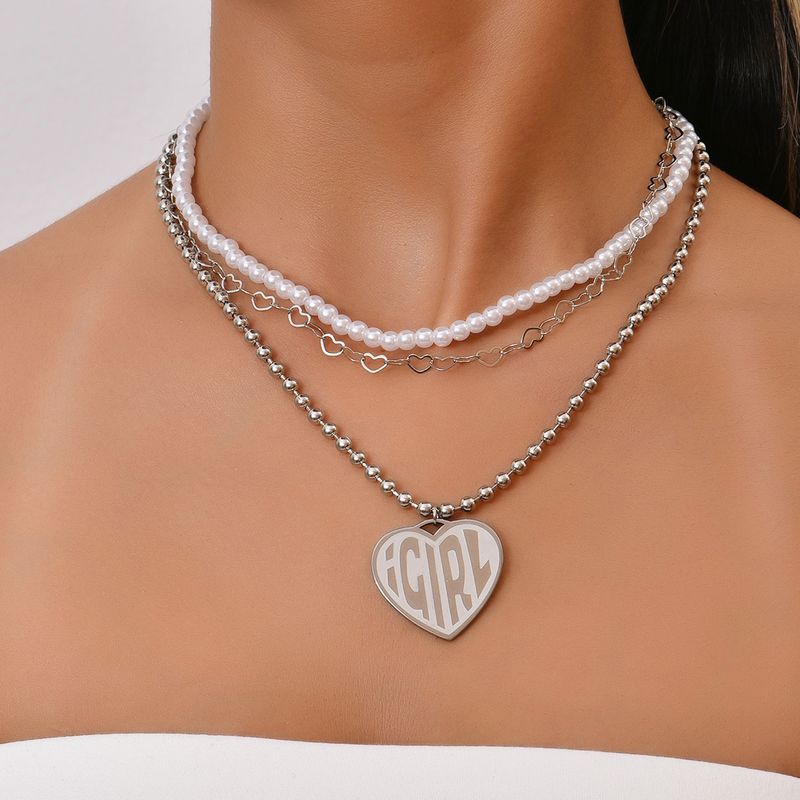الأزياء القلب إلكتروني قلادة اللؤلؤ متعدد الطبقات الفولاذ المقاوم للصدأ قلادة الجملة Nihaojewelry