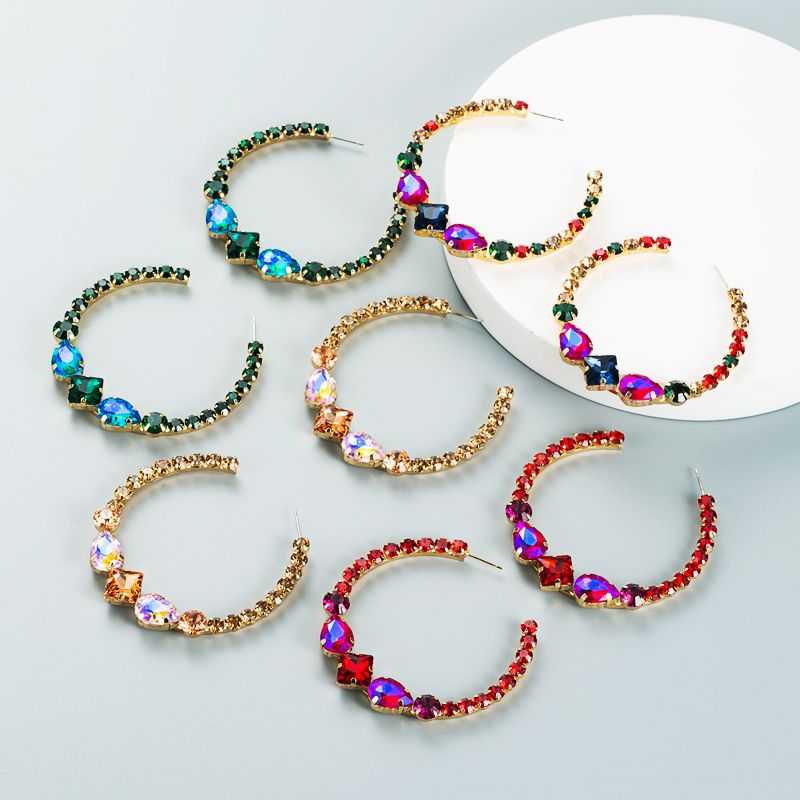Fashion Alloy Inlaid Colored Diamond C-shaped Earrings Wholesale Nihaojewelry