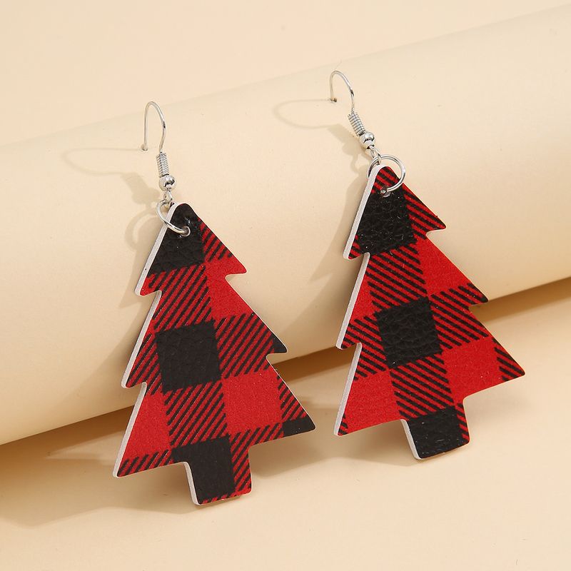 European And American New Christmas Double-sided Christmas Tree Red Plaid Leather Earrings Personalized Holiday Earrings Wholesale