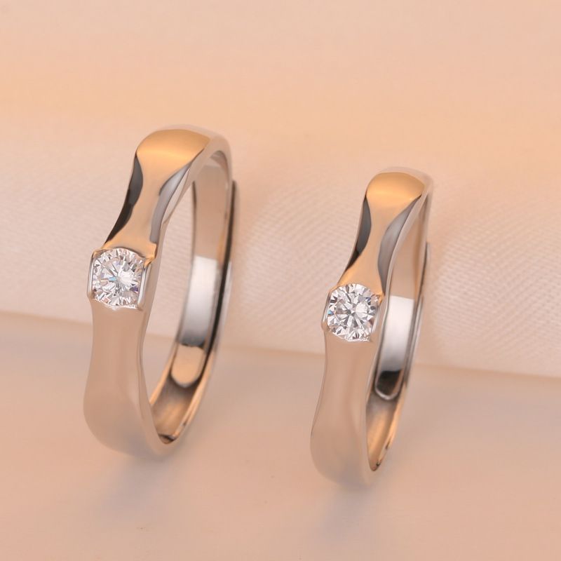 أزياء بسيطة هندسية S925 فضية مرصعة بالزركون خاتم الزوجين مفتوحة