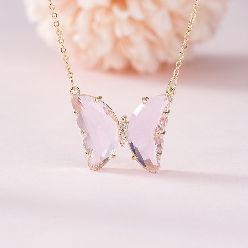 Fashion Simple Geometric Translucent Crystal Glass Butterfly Necklace