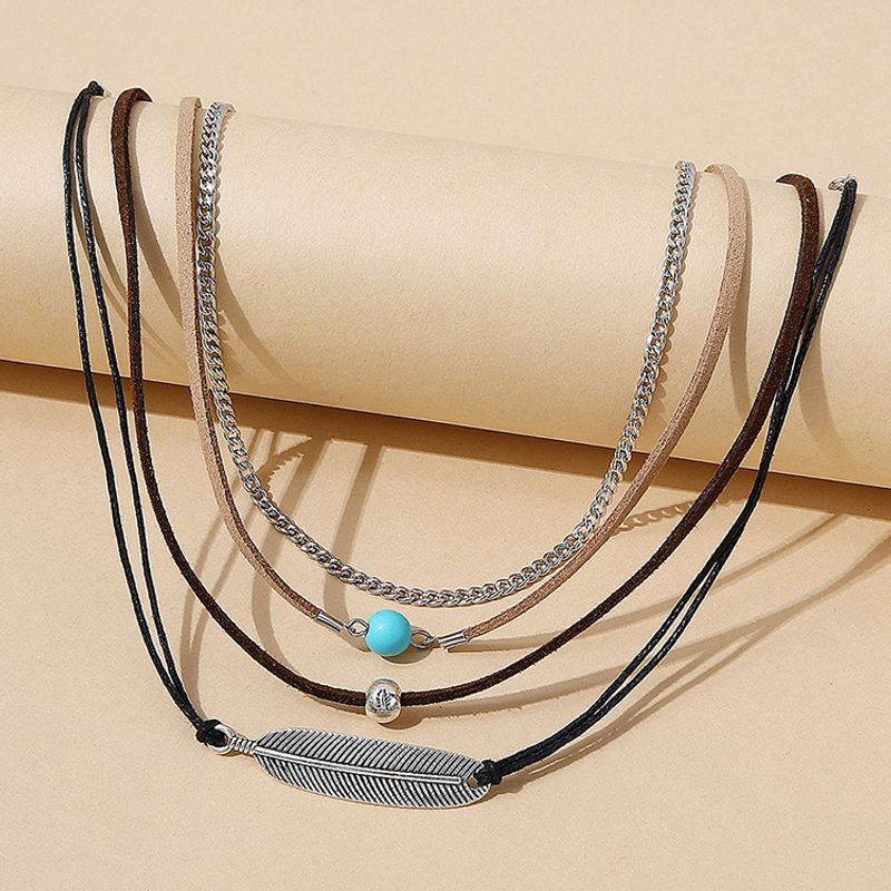 Creative National Style Natural Stone Feather Leather Necklace Set