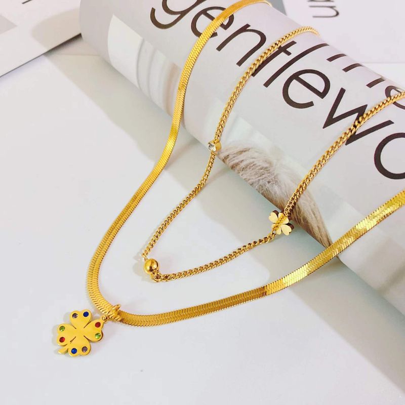 Einfacher Glücksklee-anhänger Schlangenknochenkette Blume Doppellagige Halskette