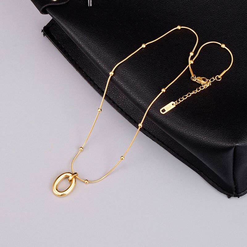 Simple Round Snake Bag Beads Oval Pendant Gold Titanium Steel Plated 18k Gold Necklace