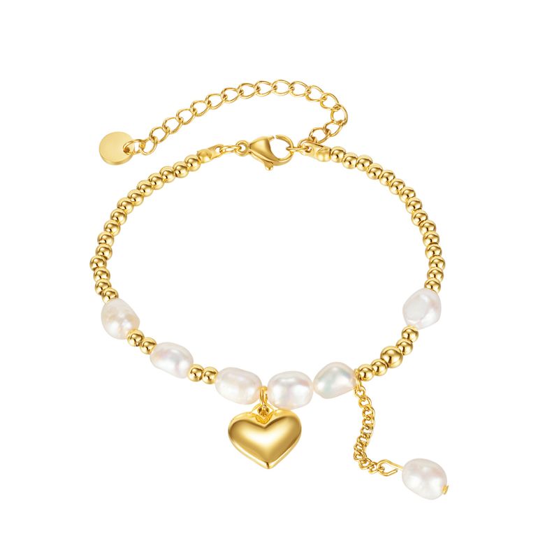 Nouveau Bracelet En Acier Inoxydable Avec Perles D&#39;eau Douce Et Coutures De Coeurs De Pêche Rétro En Gros