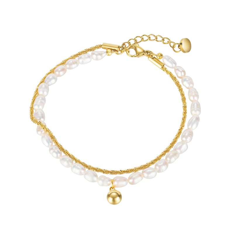 Pulsera De Acero Inoxidable Con Bola De Cadena De Perlas De Agua Dulce Simple De Moda Coreana Para Mujer