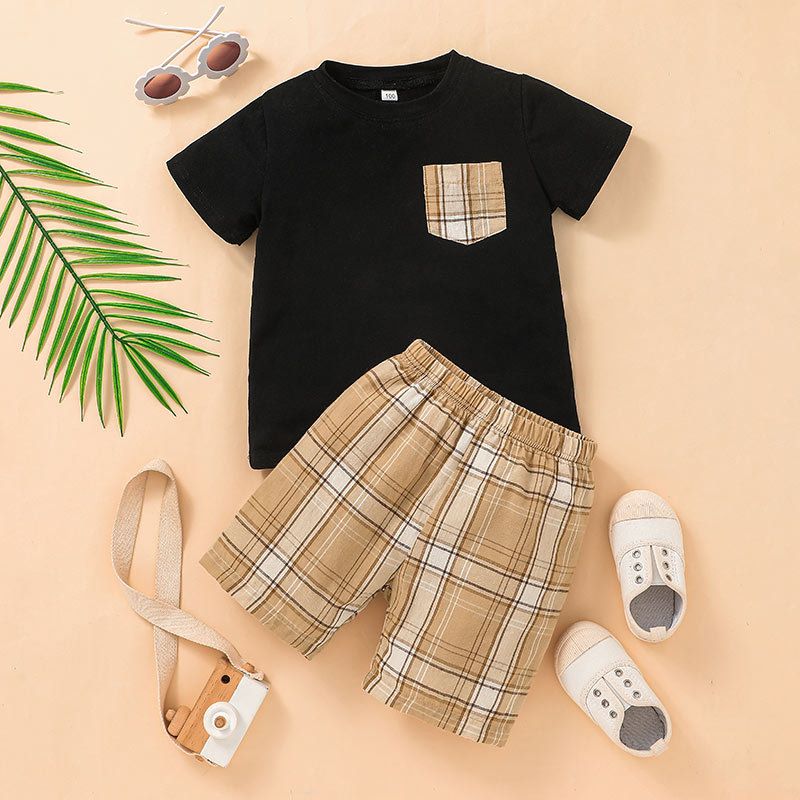 Casual Children's Summer Shorts Suit Boy Plaid T-shirt Two-piece