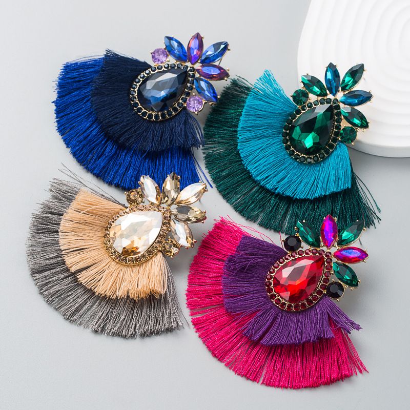 Mode Böhmische Legierung Eingelegte Farbe Strass Doppelschicht Quaste Ohrringe