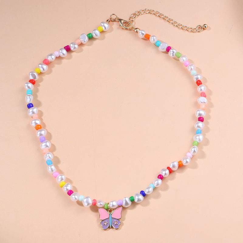 Korean Style Fashion Drip Oil Butterfly Pendant Necklace Colorful Pearl Clavicle Chain