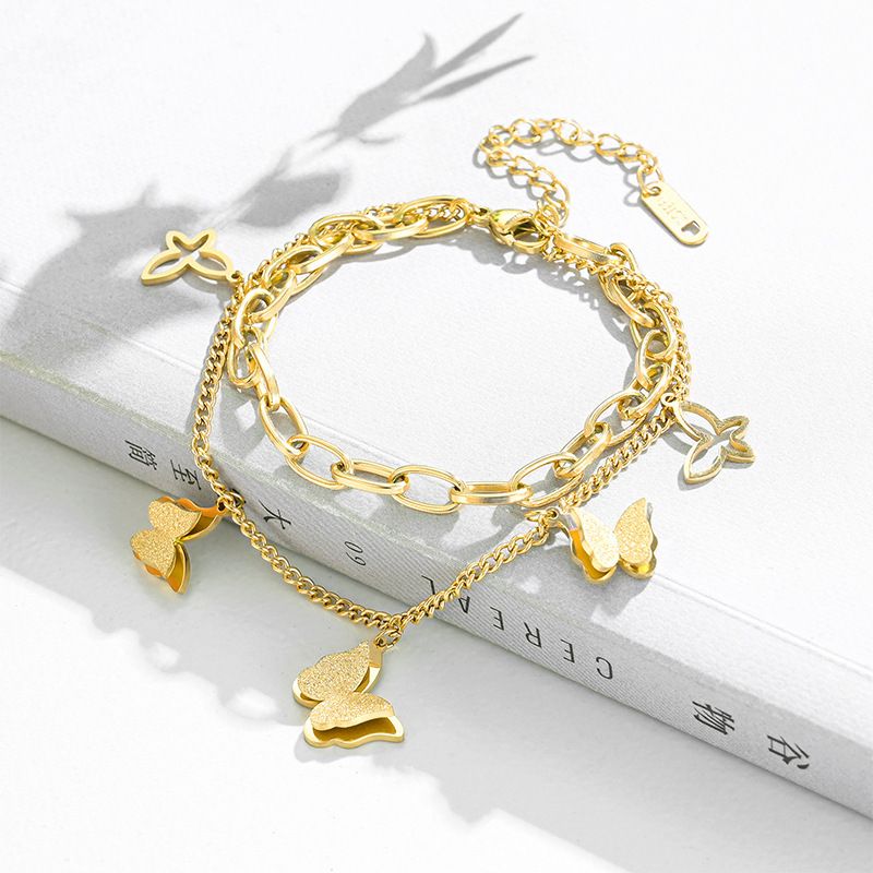 Mode Kreative Neue Doppels Chichtige Schmetterlings Persönlichkeit Titan Stahl Armband