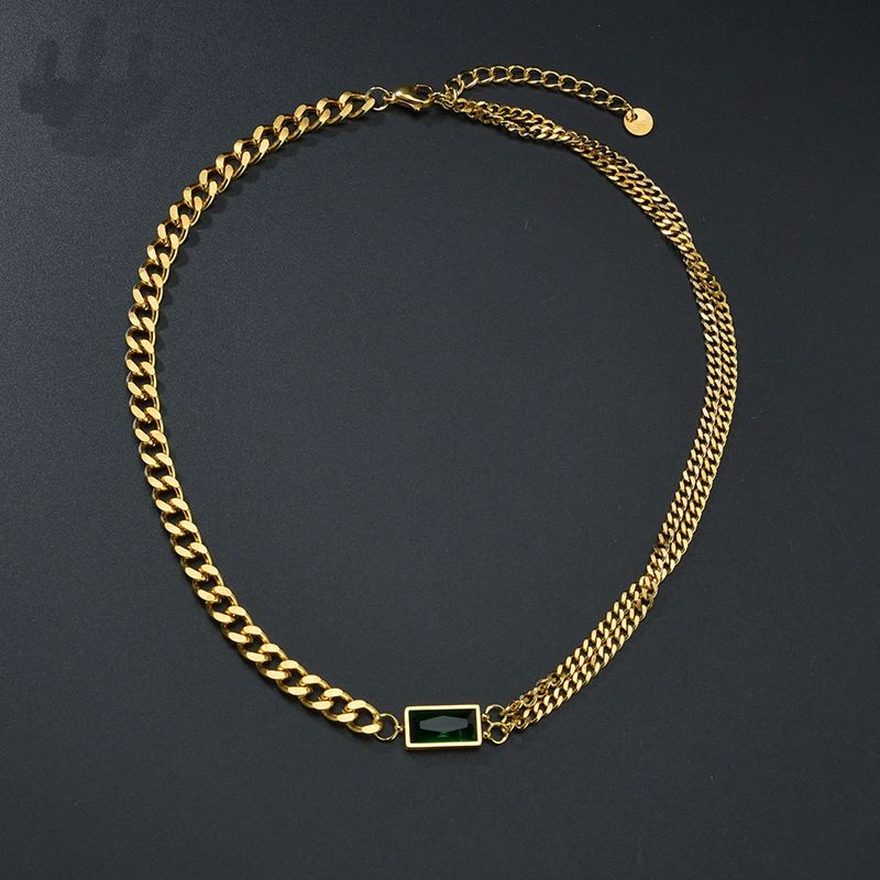 Collar Retro De Acero De Titanio A La Moda Con Incrustaciones De Diamantes Verdes Cadena Gruesa Cadena De Clavícula