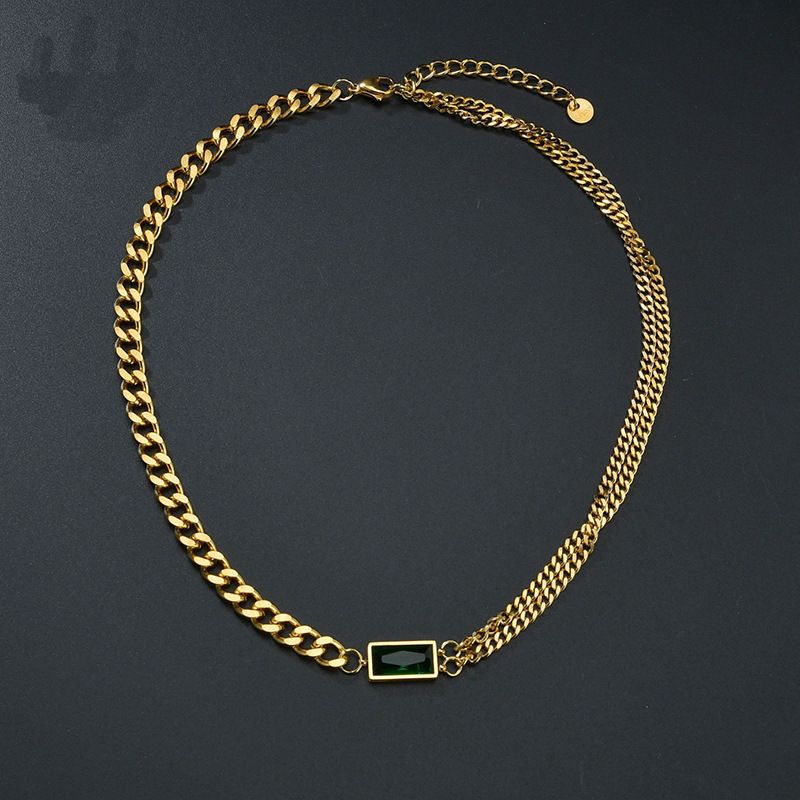 Fashion Titanium Steel Retro Necklace Inlaid Green Diamond Thick Chain Clavicle Chain