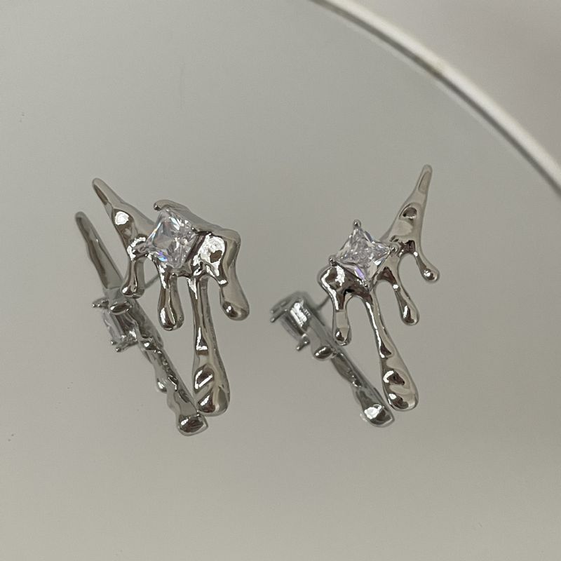 Water Drops Flow Metal Square Zircon Silver Stud Earrings