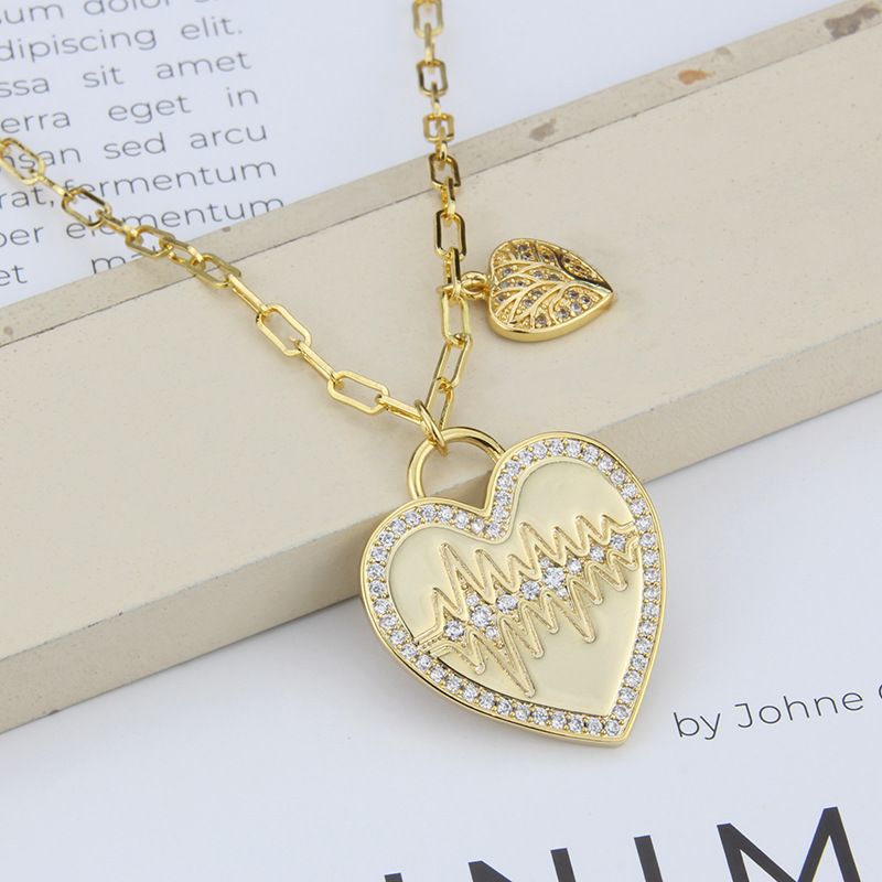 Fashion Heart-shaped Pendant Copper Gold-plated Heartbeat Inlaid Zirconium Necklace