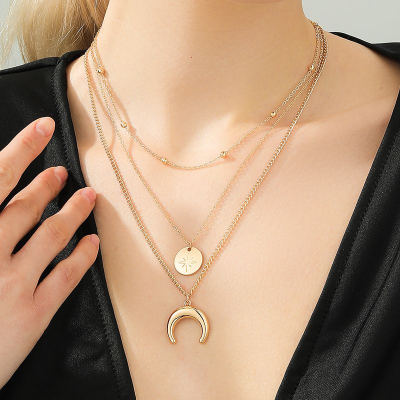 Fashion Three-layer Eight-pointed Star Crescent Alloy Necklace