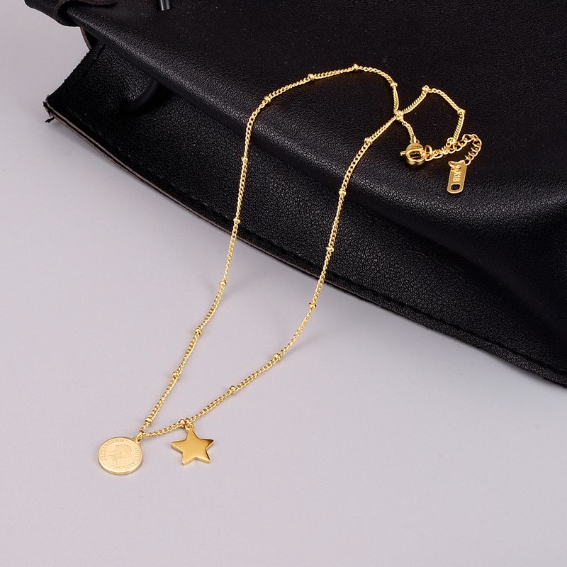 Chaîne De Clavicule Simple Étoile À Cinq Branches Mode Double Pendentif Collier En Acier Au Titane