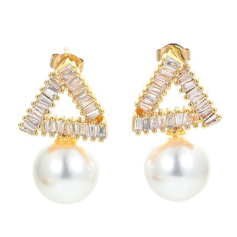 Boucles D&#39;oreilles En Perles De Personnalité Simples Et Longues Avec Perle Triangle En Zircon