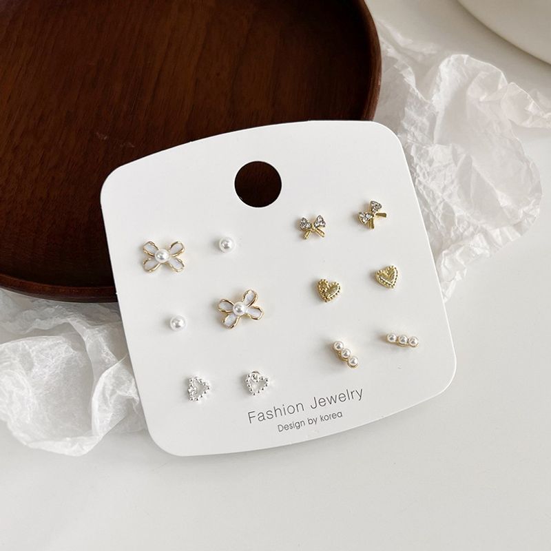 Bow Earrings Set Simple Fashion Pearl Alloy Earrings 6 Pairs Set