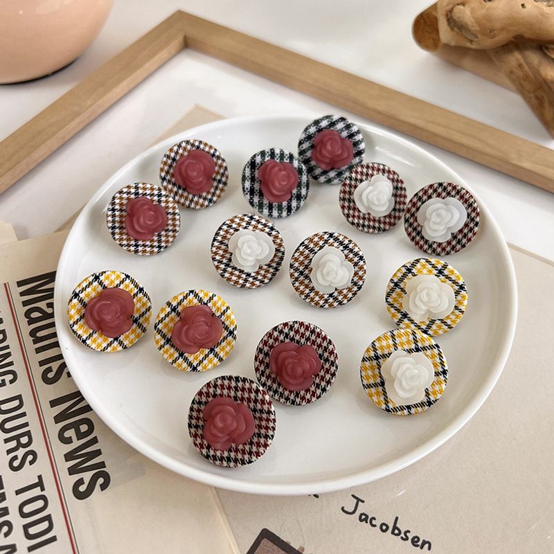 Korean Style Cloth Bag Buckle Earrings Houndstooth Acrylic Flower Earrings Round Earrings