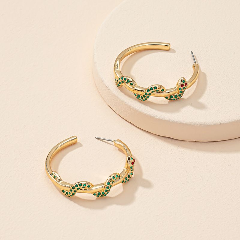 European Green Diamond Zodiac Snake Circle Earrings Retro Ear Jewelry